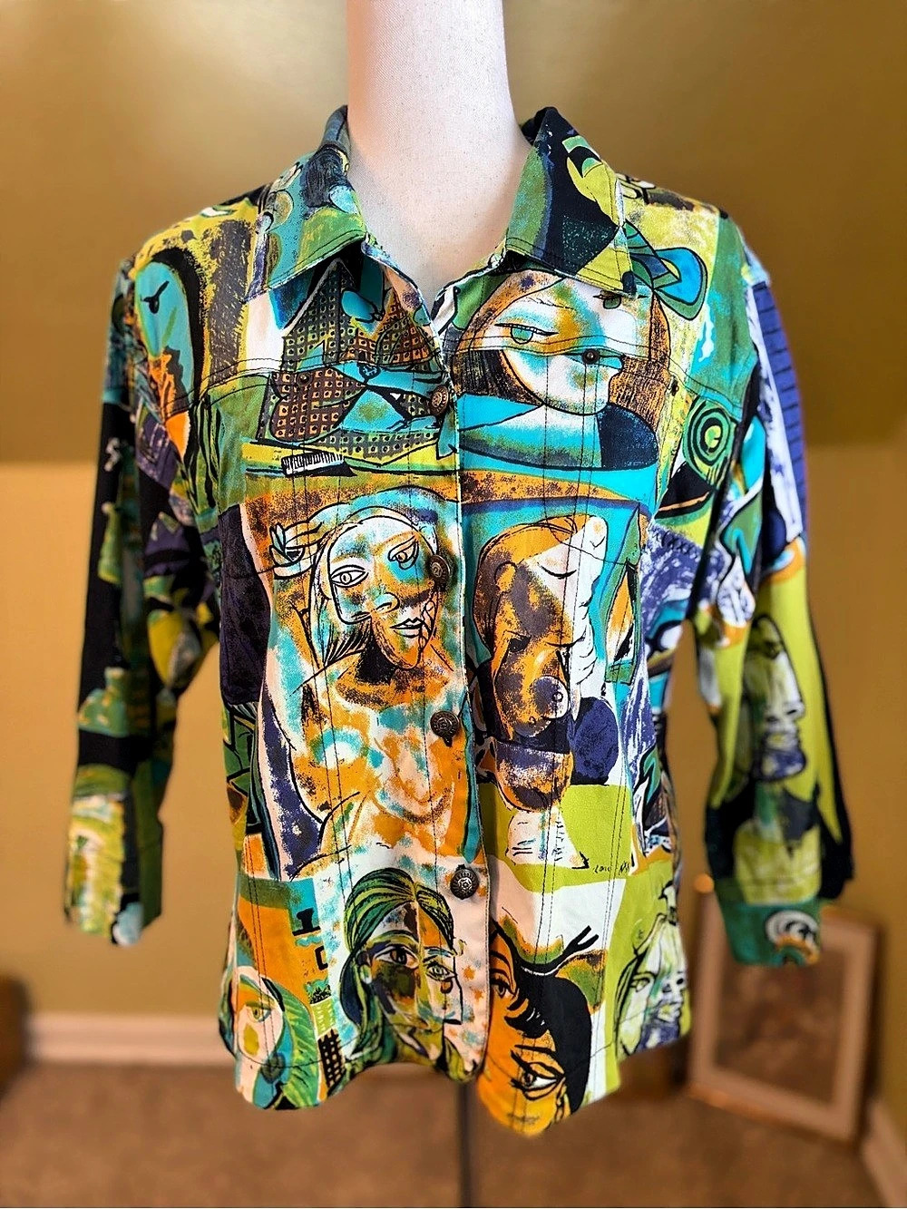 VTG 90s Mirror Image Picasso Cubist Art To Wear Cotton Jacket XL Abstract Face